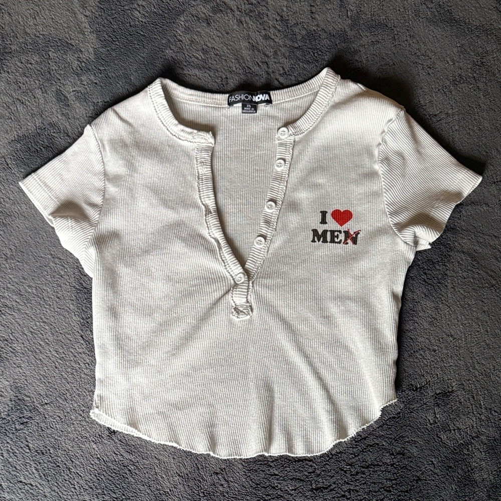 Fashion Nova White Button-Up Tee with Red Heart Design